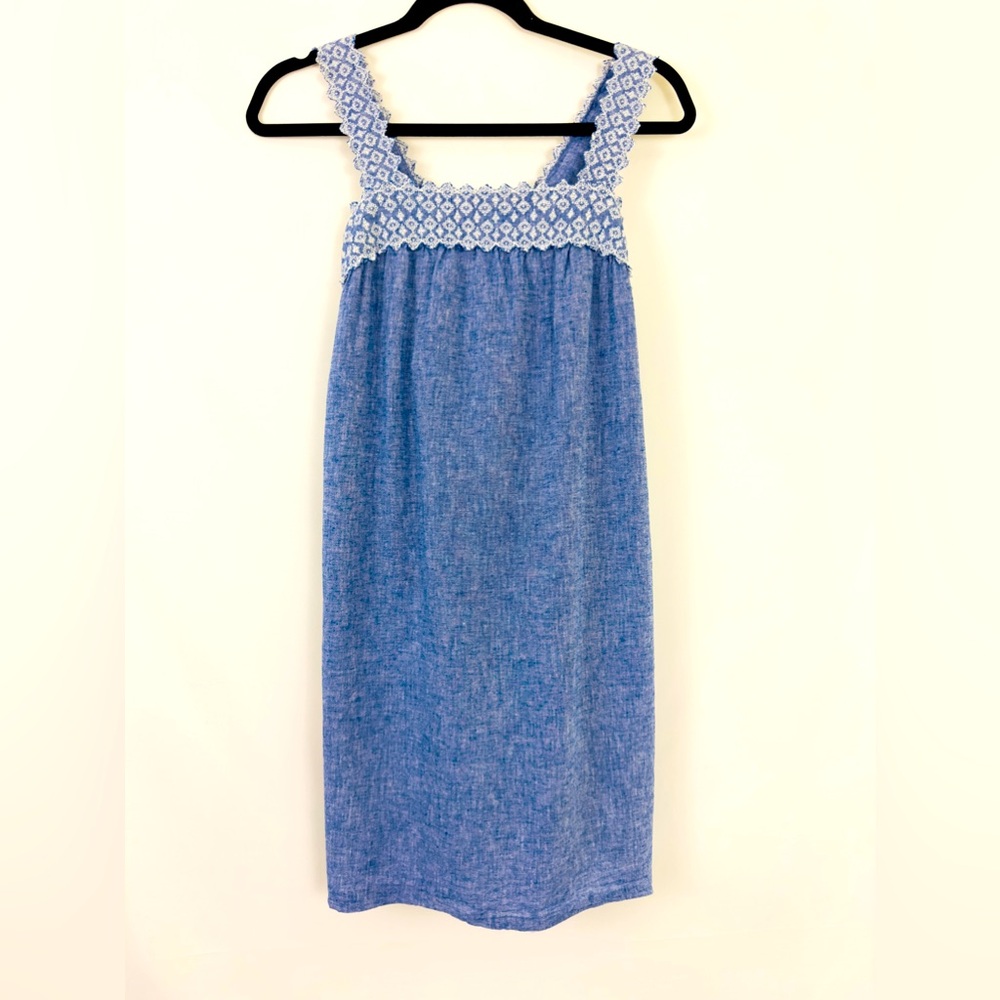 Isabel Maternity Chambray Blue Cotton Dress Wide Patterned Shoulder Stra…